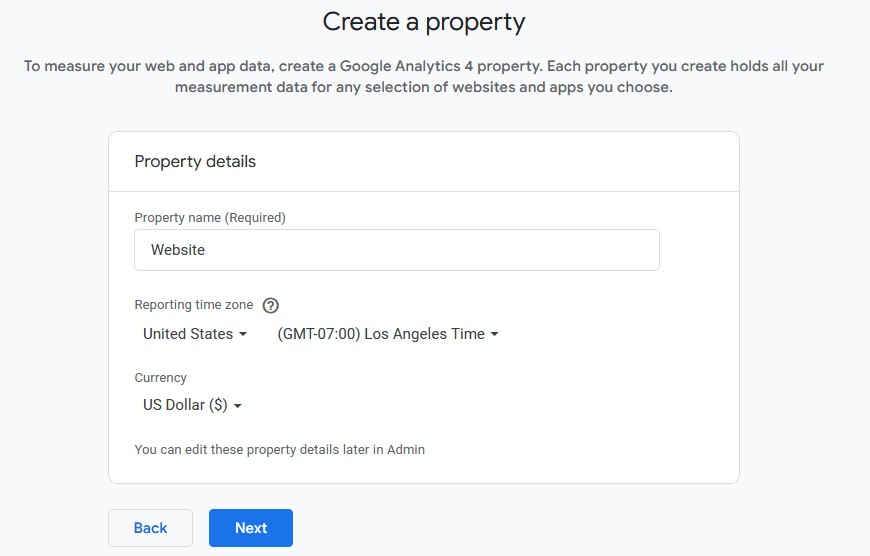 Google Analytics - Create Property