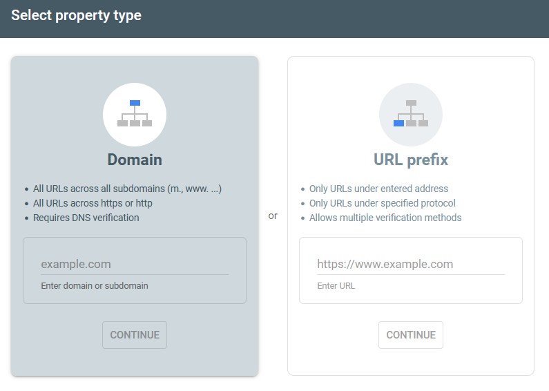 Google Search Console - Select Property Type